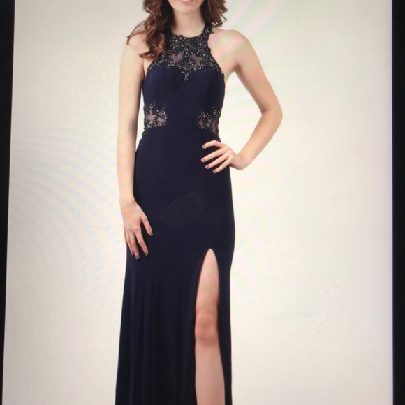 Blondie Nites Navy Open Back Embellished Gown - Picture 2 of 6